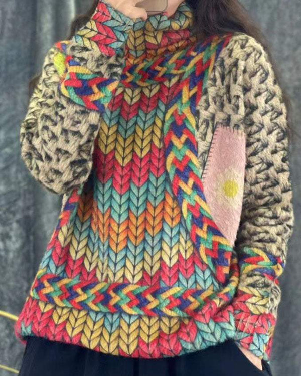 BARBROSY Rainbow Knit Printing Turtleneck Sweater